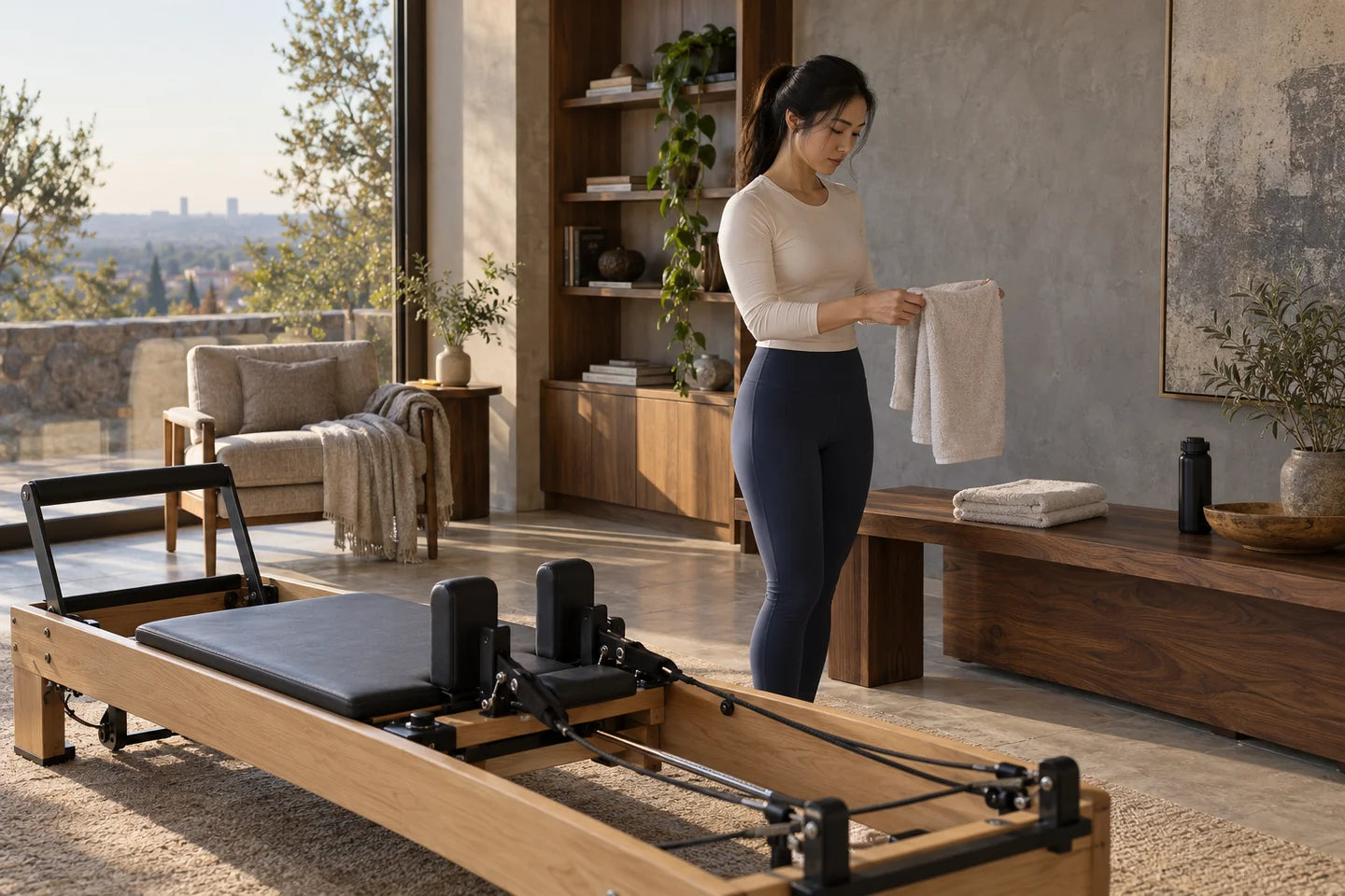 A woman folding a cotton towel beside a reformer in a personal practice room