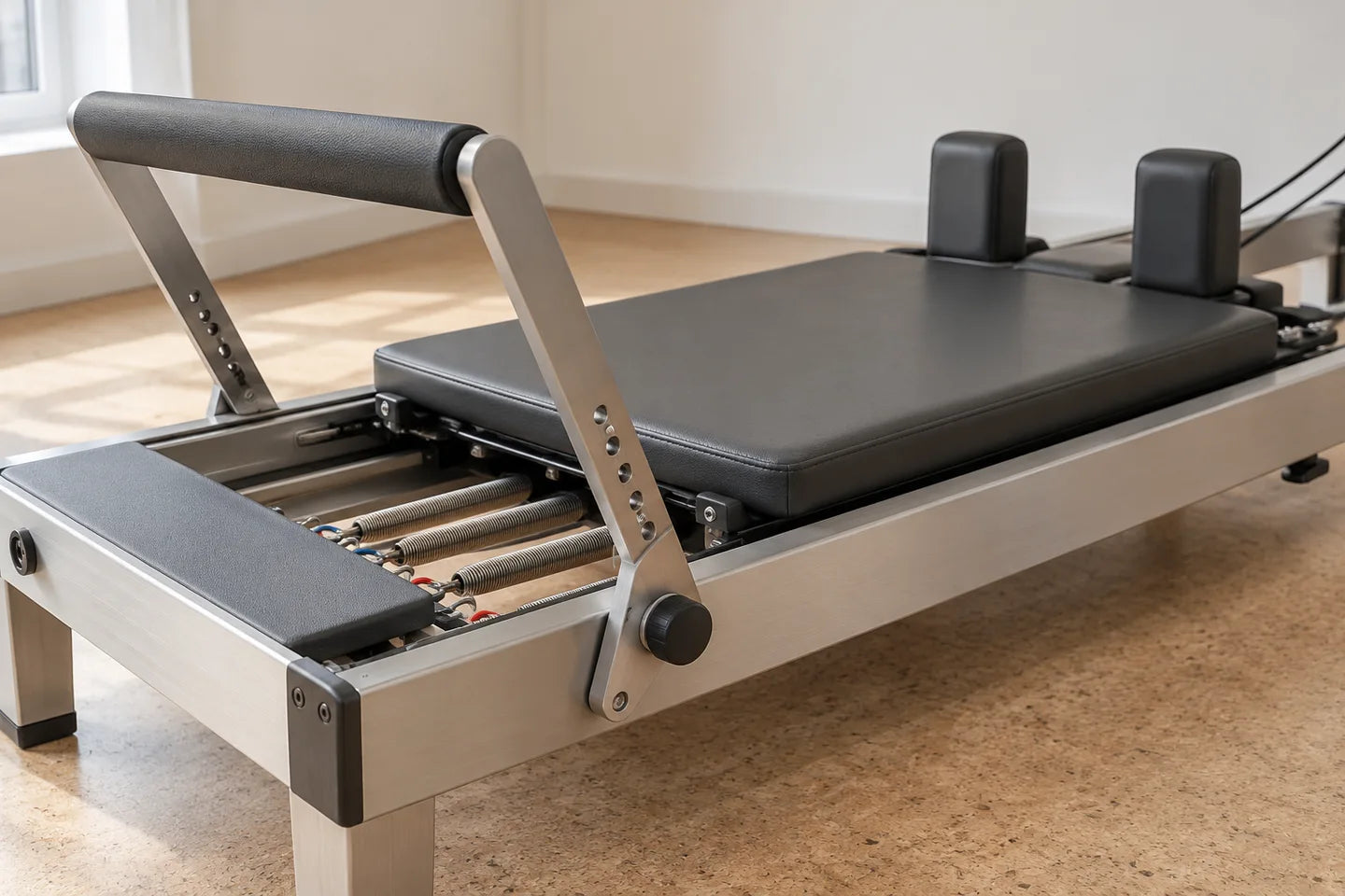 Adjustable footbar and carriage details on an aluminum Pilates reformer