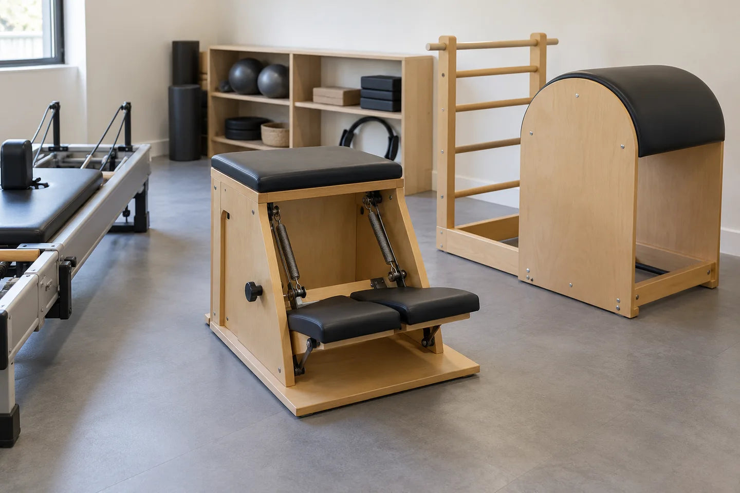 A chair, ladder barrel, and reformer in a teaching studio