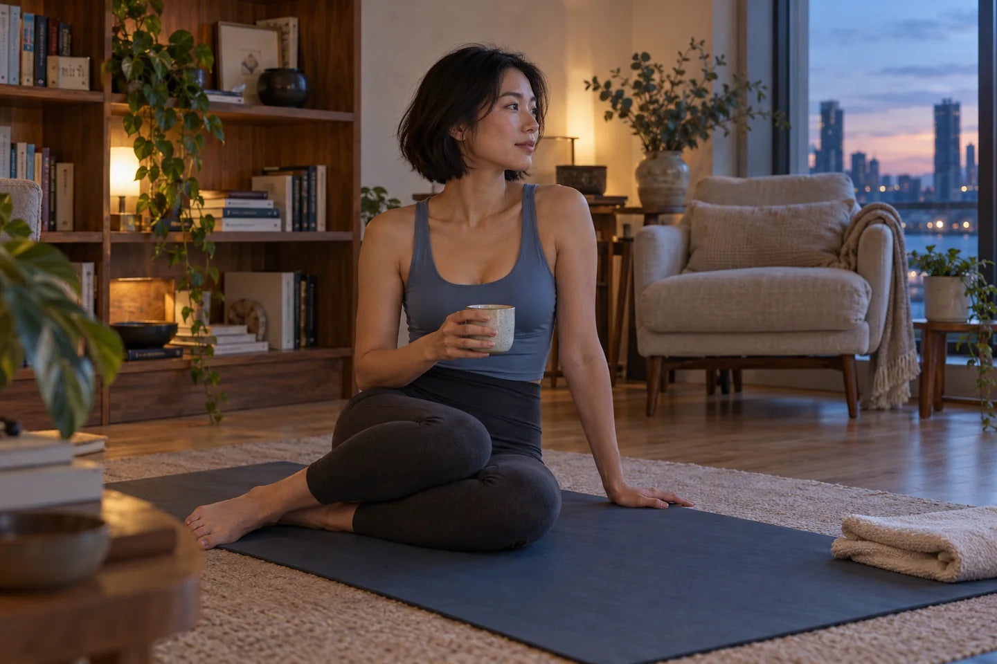 A woman resting on her mat after practice in a personal home corner