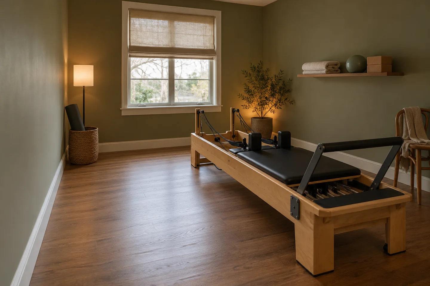 A wooden reformer with clear working space in a personal home practice room