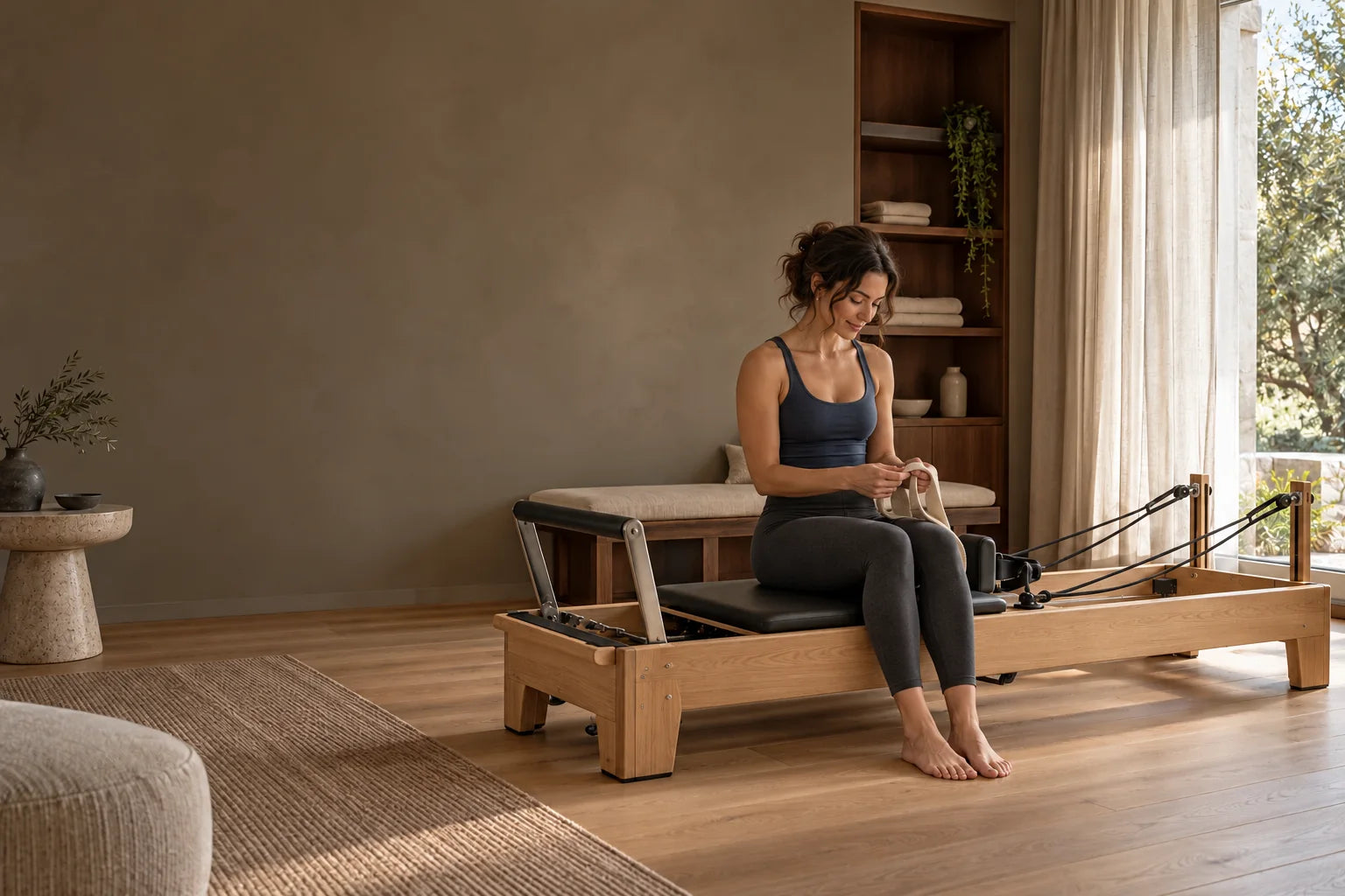 A woman preparing for practice on an oak reformer in a refined room with linen and walnut cabinetry